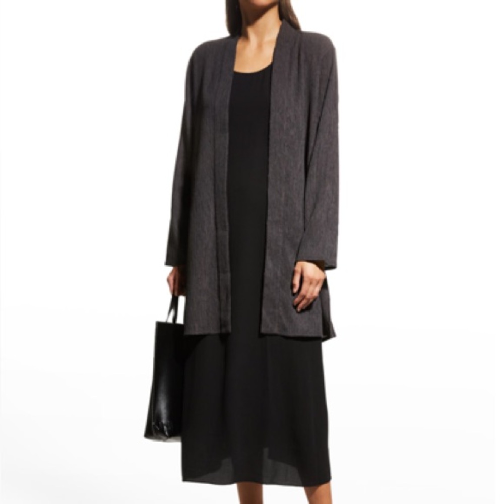 Eileen Fisher Crinkle Textured Rye Taupe Open Jacket Cardigan Tencel Minimalist